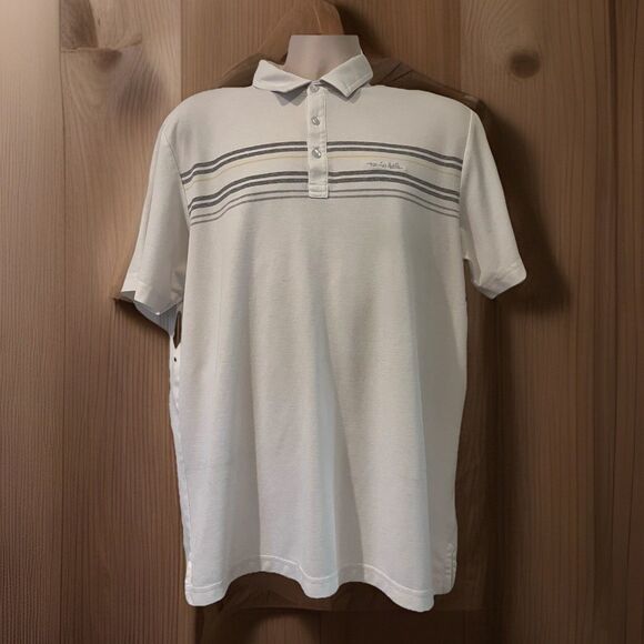 Travis Mathew Golf Performance Striped Polo Shirt Mens L White Gray Preppy Sport - Picture 1 of 10